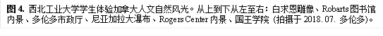 图4. yl7703永利集团学生体验加拿大人文自然风光。从上到下从左至右:白求恩雕像、Robarts图书馆内景、多伦多市政厅、尼亚加拉大瀑布、Rogers Center内景、国王学院 (拍摄于2018. 07. 多伦多)。
